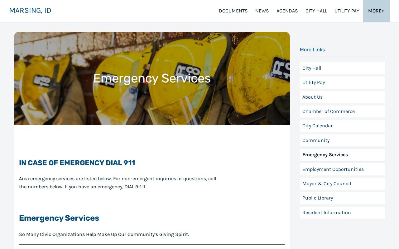 Marsing emergency services page routing law-enforcement questions to Owyhee County Sheriff