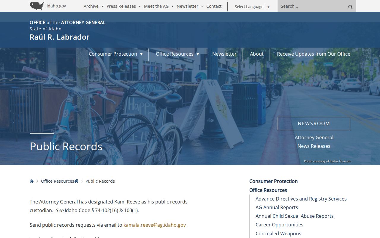 Idaho Attorney General public-records information for an Owyhee County booking request