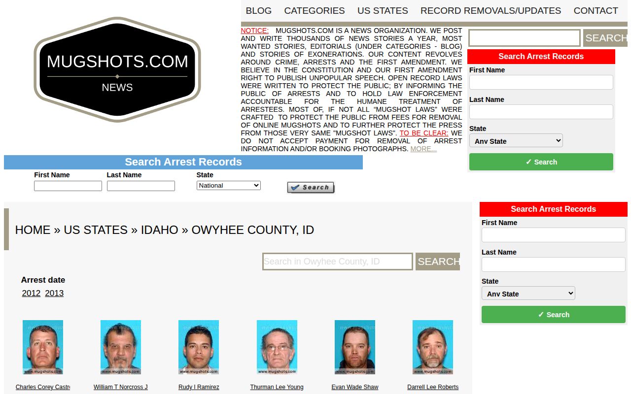 Unofficial Mugshots.com Owyhee County section used as a caveated secondary resource