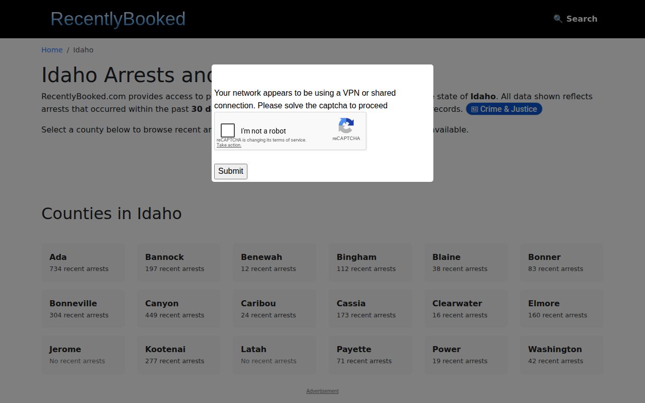 Owyhee County recent arrest record resources in the RecentlyBooked Idaho directory